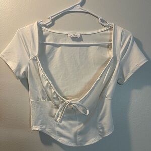 White Tie-Front Short Sleeve Crop Top
